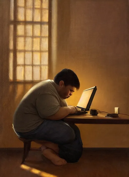 Image similar to insanely detailed chiaroscuro image of a exhausted - looking slightly fat casually - dressed programmer guy on his knees facing his glowing ultrawide computer monitor monitor begging it for forgiveness, oil on canvas, masterwork, fine detail, trending on artstation, emotive, insanely compelling, ryden, koons, moebius