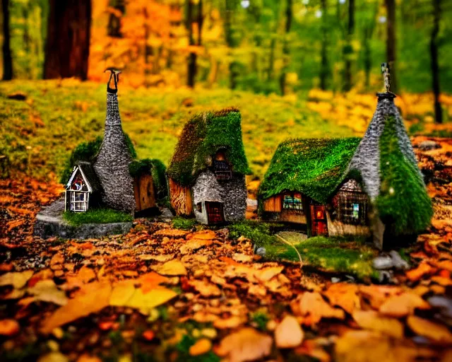 Image similar to dream a miniature village in a forest, moss, autumn, warm colors, photography, depth of field