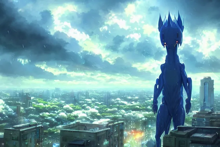 Prompt: a humanoid creature hybrid kaiju bug looming over a city in the rain, great composition, blue sky, fluffy clouds, happy atmosphere, by makoto shinkai an krenz cushart