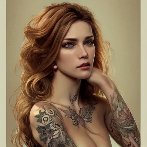 Image similar to ultra realistic illustration, a hot and beautiful tattooed blonde slavic woman in her 3 0's, intricate, elegant, highly detailed, digital painting, artstation, concept art, smooth, sharp focus, illustration, art by artgerm and greg rutkowski and alphonse mucha