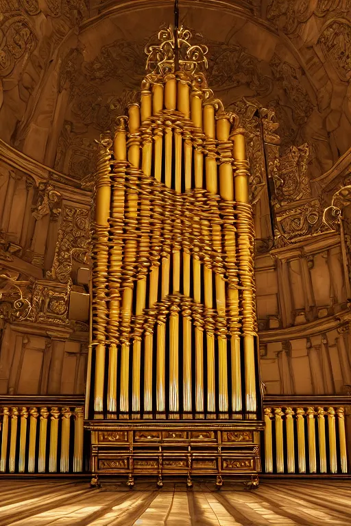 Prompt: a detailed render of an isolated lonely large pipe organ with large golden pipes in the middle of a field, intertwined with a lone stone column, trending on artstation, render, 3 d, octane, 4 k, 8 k, unreal engine, cinema 4 d, baroque, art deco