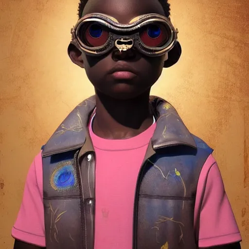 Prompt: vfx portrait - art of a nigerian boy wearing colourful steam punk goggles, art by utagawa kunisada & james jean, volumetric light, symmetrical, ray tracing, unreal engine, octane 3 d render, sharp, detailed, digital render, illustration, highly detailed, intricate detail, pinterest, behance, art station,