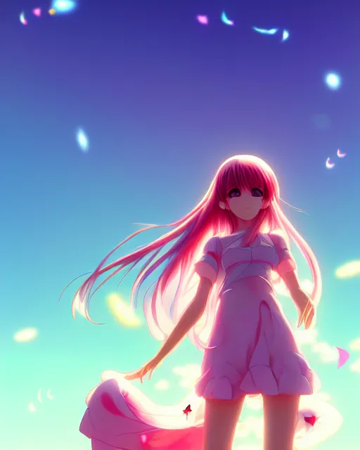 Image similar to anime style, vivid, expressive, full body, 4 k, a cute girl with white skin and long pink wavy hair humming a song, stunning, realistic light and shadow effects, centered, simple background, studio ghibly makoto shinkai yuji yamaguchi