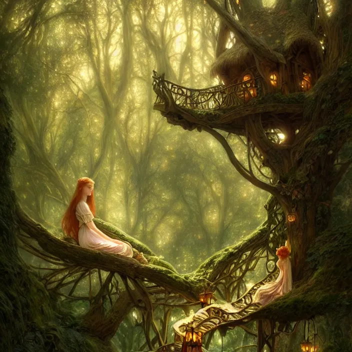 Image similar to cozy enchanted treehouse in ancient forest , diffuse lighting, fantasy, intricate, elegant, highly detailed, lifelike, photorealistic, digital painting, artstation, illustration, concept art, smooth, sharp focus, art by John Collier and Albert Aublet and Krenz Cushart and Artem Demura and Alphonse Mucha