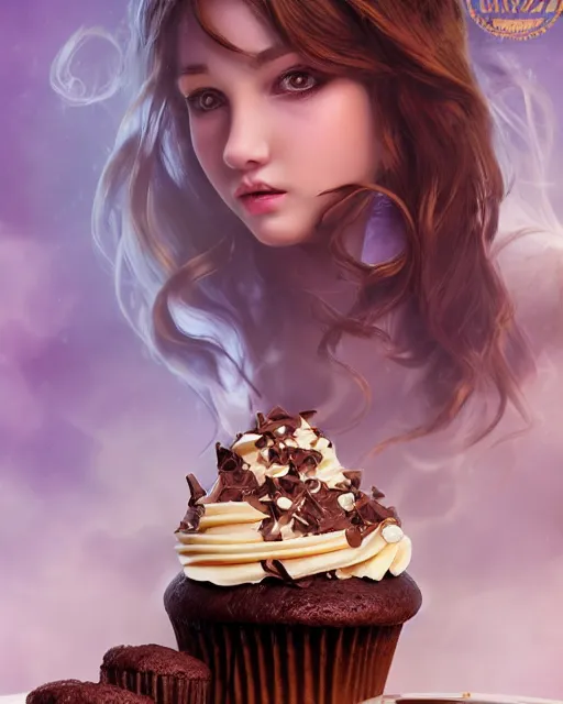 Image similar to a girl as personification pf chocolate cupcake, fantasy bakery, digital art by krenz kushart, wlop, laurie greasly, intricate details, global illumination, smooth, epic composition