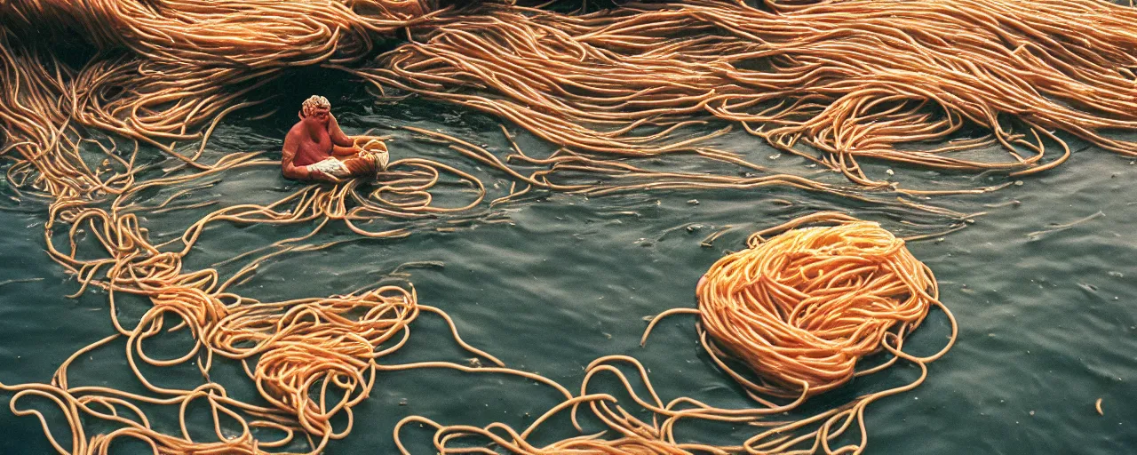 Image similar to spaghetti floating on the surface of the ocean, fisherman in the background, small details, intricate, sharply focused, canon 5 0 mm, wes anderson film, kodachrome