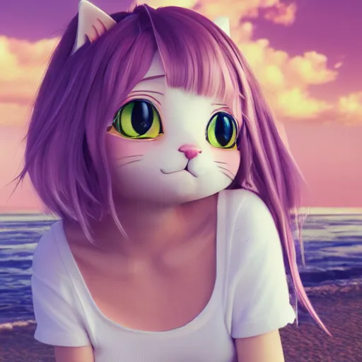 Image similar to Render of a beautiful 3d anime cat, long pink hair, hazel eyes, cute freckles, full round face, soft smile, cute sundress, golden hour, serene beach setting, medium shot, mid-shot, hyperdetailed, trending on Artstation, Unreal Engine 4k