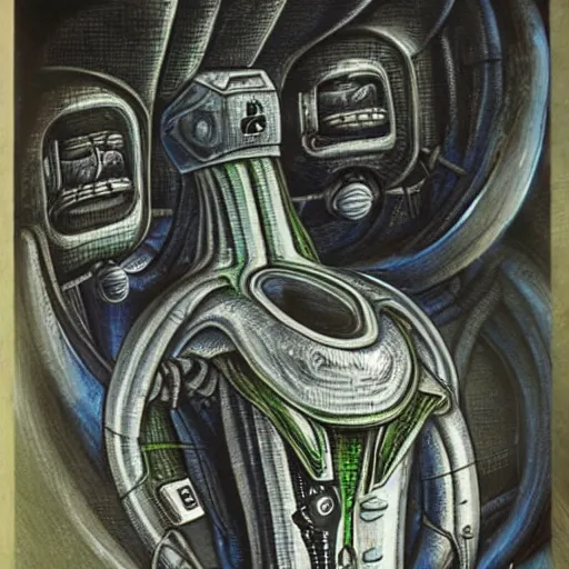 Prompt: detailed luigi from super mario falling asleep in an alien spaceship, painting by h. r. giger, hyperrealistic