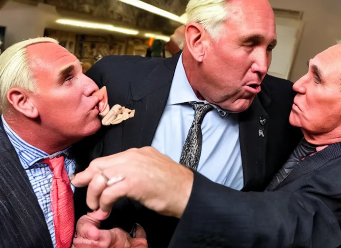 Image similar to highly detailed ultra realistic gopro shot of alex jones smooching roger stone