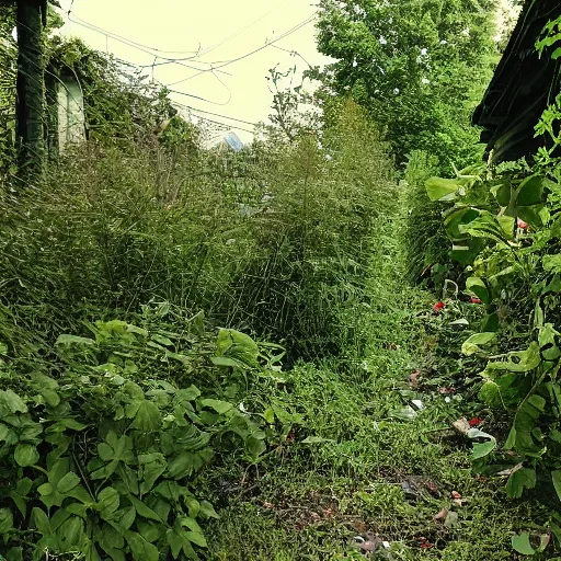 Prompt: liminal poor neighborhood, overgrown, photo taken from the street