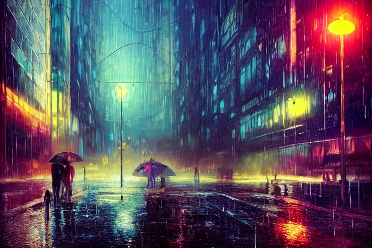 Image similar to city night photography, rain like a dream, oil painting, cinematic, surreal, dramatic, otherworldly, dreamlike, soft volumetric lighting, cyberpunk, basquiat + moebius + francis bacon + gustav klimt + beeple, elevated street art, fantasy lut, textural,