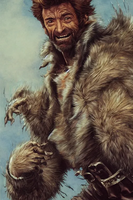 Prompt: hugh jackman as the wolfman, jean baptiste monge, alan lee, dan mumford, alex horley, cedric pavravernay, jc leyendecker, james jean, realistic painting, highly detailed