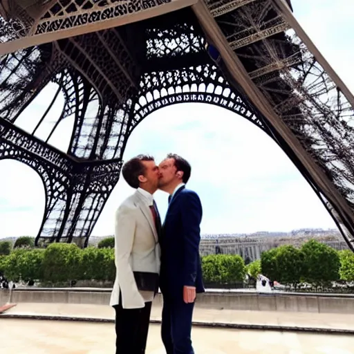 Prompt: gerald darmanin and Emmanuel macron kissing under the eiffel tower