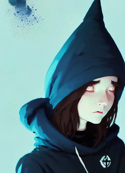 Image similar to highly detailed closeup portrait of a witch young lady student, ( blue witch hat ), black hoodie, blue hair by atey ghailan, by greg rutkowski, by greg tocchini, by james gilleard, by joe fenton, by kaethe butcher, gradient, blue, black, brown and cream color scheme, grunge aesthetic!!! white graffiti tag wall background