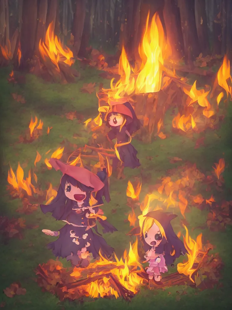 Image similar to cute fumo plush manic happy witch pyromaniac girl giddily starting a huge bonfire in the forest, anime, burning flames, warm glow and volumetric smoke vortices, rule of thirds composition, vignette, vray