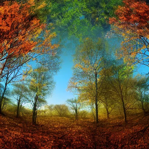 Image similar to autumnal british woodland scene, 3d, cgi, vector graphics, undulating terrain, blue sky visible through the canopy, leaves on the ground, autumnal colours