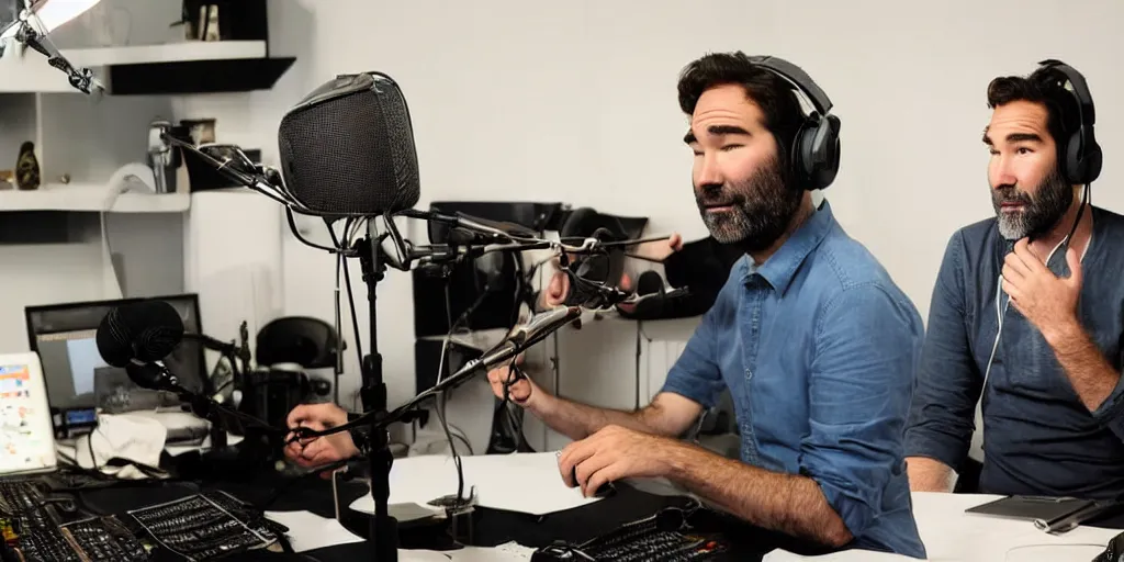 Image similar to adam buxton in a studio recording a podcast with an animal, photorealistic
