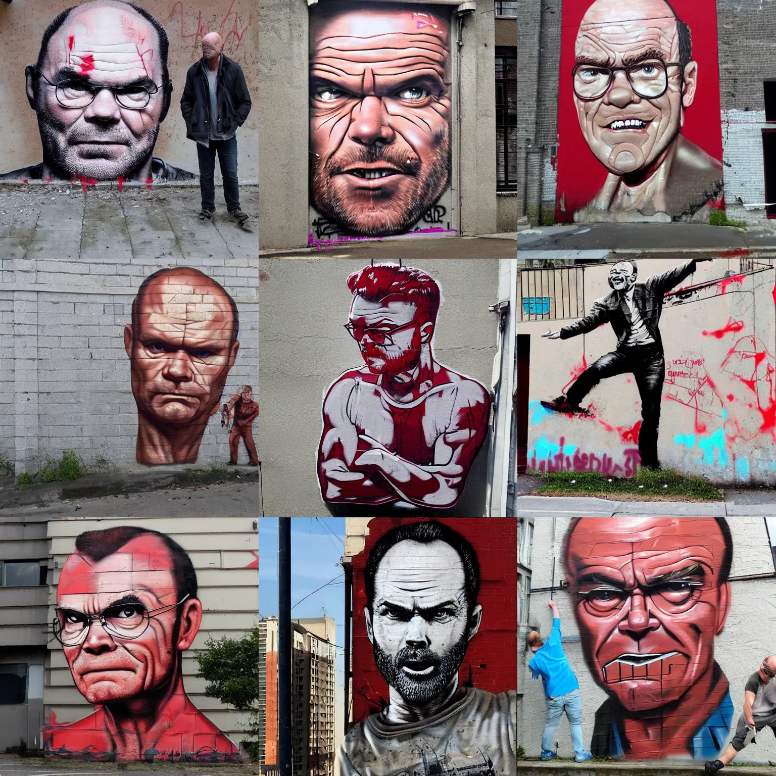 Prompt: Gigachad Muscular Kurtwood Smith Red Forman Flexing, Urban Graffiti Banksy, Bordalo, trending on artstation