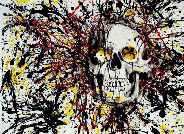 Image similar to a splattered painting by jackson pollock showing a skull, ultradetailed fine art printing,