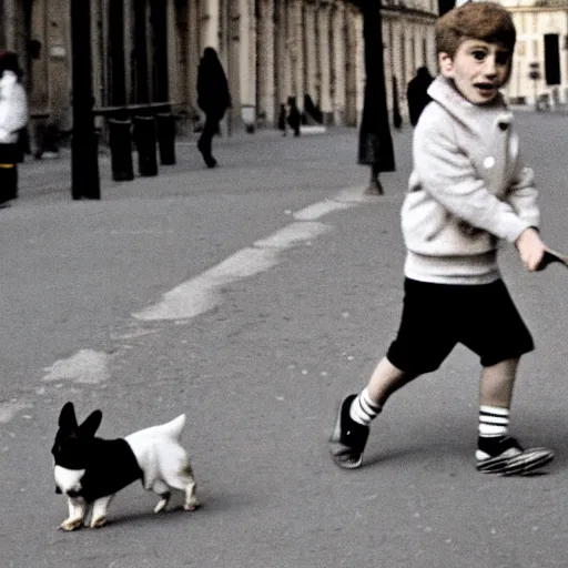 Image similar to a french boy on the streets of paris playing football against a corgi, the dog is wearing a polka dot scarf, book illustration, 1 9 6 6