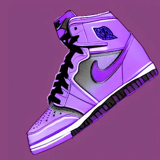 Image similar to nike air jordans, high tops, plain purple background, 3 d, render, realistic