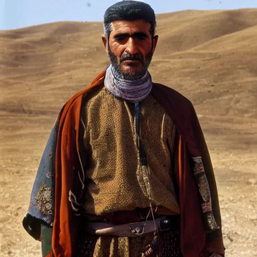 Prompt: Kurdish shepherd wearing Kurdish clothes in a movie directed by Christopher Nolan, movie still frame, promotional image, imax 70 mm footage, 8k