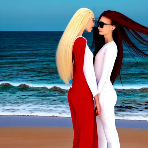 Prompt: a woman standing at the beach with long blonde hair, straight hair, white clothes, standing next to a woman with long dark brown hair wearing red clothes, professional, photograph, highly detailed, beautiful face, elegant, 4k, photorealistic, dramatic lighting, trending on social media,