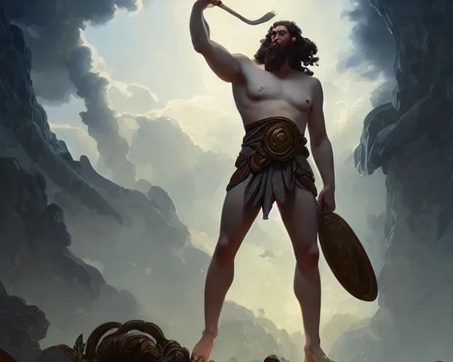 Prompt: andrew the giant depicted as a greek god, deep focus, d & d, fantasy, intricate, elegant, highly detailed, digital painting, artstation, concept art, matte, sharp focus, illustration, hearthstone, art by artgerm and greg rutkowski and alphonse mucha