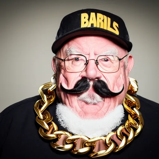 Image similar to dslr portrait photo still of!!! wilfred brimley!!! white mustache as a gangsta rapper with gold chains and gold teeth grills growling at camera, 8 k, 8 5 mm f 1. 8