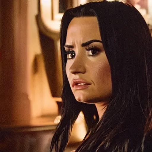 Prompt: close-up of Demi Lovato as Piper Halliwell in a Charmed movie directed by Christopher Nolan, movie still frame, promotional image, imax 35 mm footage