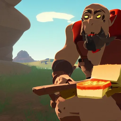 Image similar to Heavy from TF2 eating a sandwich, Breath of the Wild in-game screenshot, cel-shaded, volumetric lighting, 3D trending on artstation