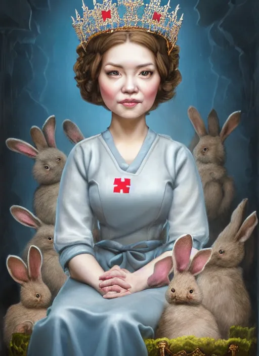 Image similar to highly detailed closeup portrait of a nurse princess wearing a crown and sitting on an ice throne surrounded by bunnies, nicoletta ceccoli, mark ryden, lostfish, earl nore, hyung tae, frank frazetta, global illumination, god rays, detailed and intricate environment