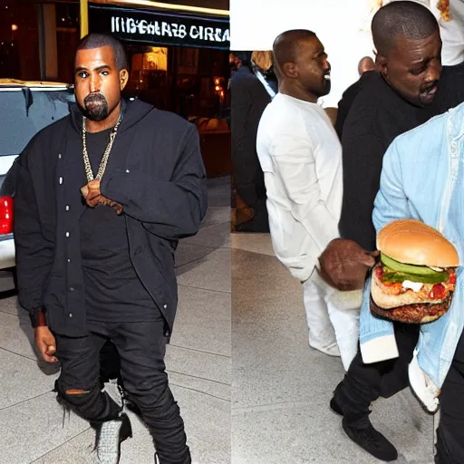 Prompt: kanye west carrying a giant cheeseburger