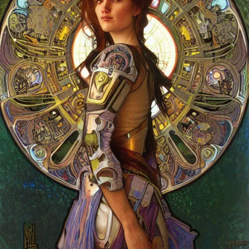 Prompt: realistic detailed 14-year old girl wearing future cybernetic battle armor by Alphonse Mucha, Moebius, Davinci, Donato Giancola, Art Nouveau, Neo-Gothic, gothic, rich deep colors