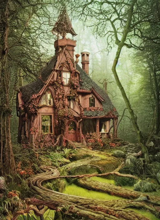 Image similar to hyper realistic witch cottage rococo in the woods gorgeous lighting, highly detailed, lush forest painting by zdzisław beksinski and norman rockwell and greg rutkowskiweta studio, and lucasfilm