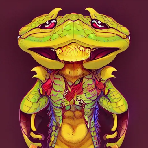 Image similar to in the style of artgerm, loish and ross tran, cartoon anthropomorphic alligator, symmetrical face, symmetrical eyes, red scales on his back, yellow scale on his belly and chest, male, waring a hawaiian shirt, cgsociety