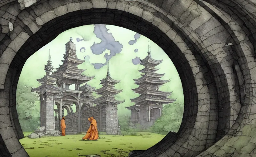 Image similar to a hyperrealist watercolour concept art of a dimensional time portal in the shape of a ruined arch. a medieval monk in grey robes is in the foreground. a japanese temple is in the background. very muted colors, post grunge, by rebecca guay, michael kaluta, charles vess and jean moebius giraud. high detail, hq, wide shot, 4 k