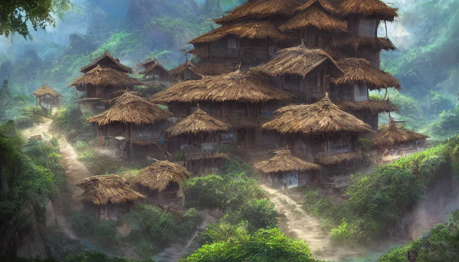 Image similar to matte painting of a beautiful tai lue village, digital art, trending on artstation