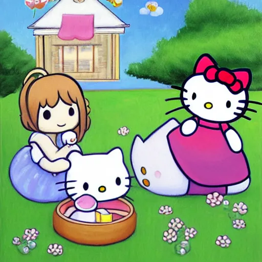 Image similar to painting of hello kitty and cinnamoroll and kuromi and my melo playing outside on a sunny day, by yoko shimizu, by sanrio