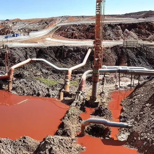 Image similar to underground copper mine, flooded, dirty water, rusty pipes