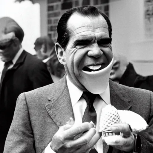 Prompt: richard nixon finding delight in an ice cream cone devouring it with a disturbingly large mouth, picture, award winning