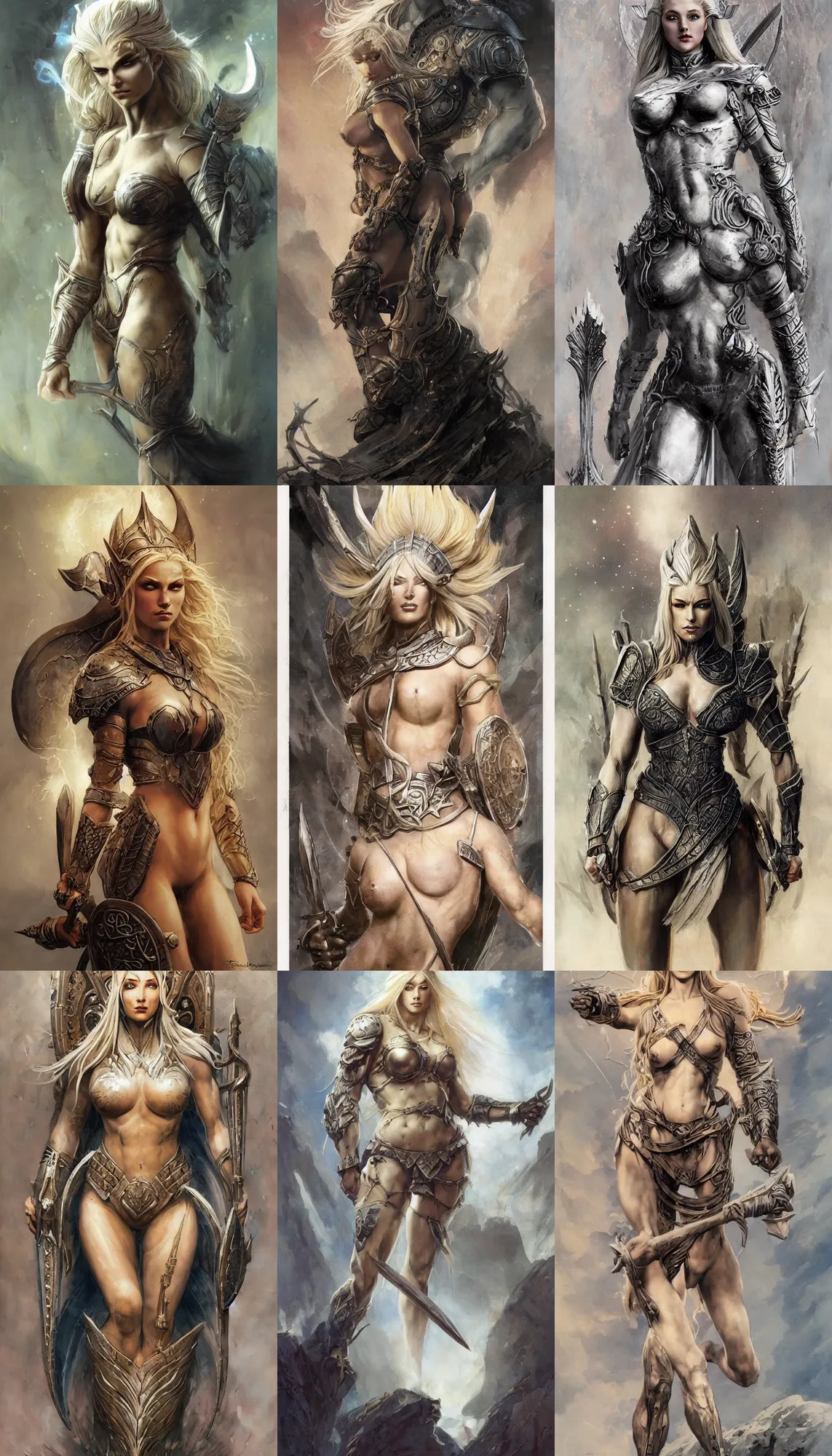 Image similar to A mixed media painting of the beautiful blonde goddess of war infused with lightning, very aesthetic, curvy, detailed face, elven armor, by Frank Frazetta, Greg Rutkowski, Boris Vallejo, Beeple, Yoko Taro, Christian MacNevin, epic fantasy character art, goddess of anger, viking runes, high fantasy, CGsociety, full length, exquisite detail, post-processing, masterpiece, cinematic, odin's stone arena background