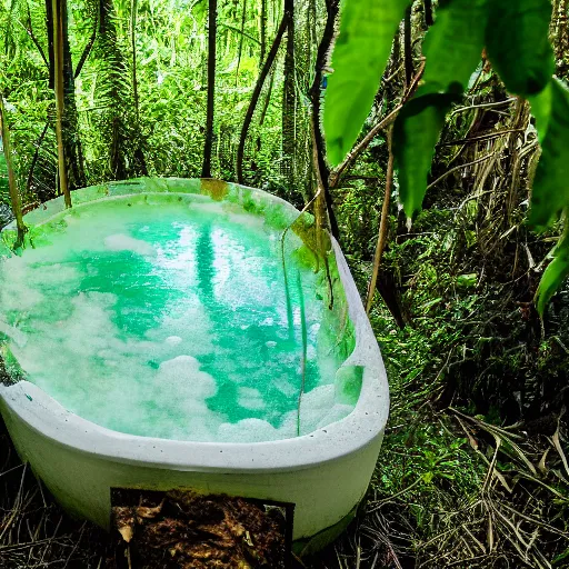 Image similar to pristine bath filled with bubbles in a clearfelled jungle, deforestation, slash and burn