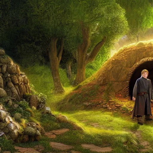 Prompt: frodo baggins in the shire surrounded by hobbit holes In the style of moebius, detailed 4k photograph, HDR, very detailed