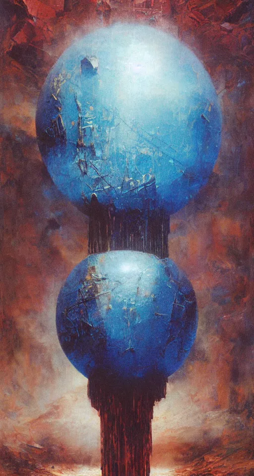 Image similar to a gigantic glowing crystal tesseract orb, high detailed beksinski painting, part by adrian ghenie and gerhard richter. masterpiece, deep colours, blue