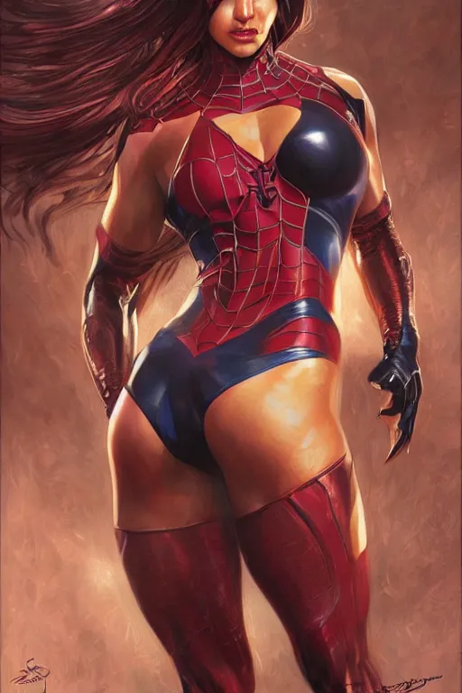 Prompt: muscled Spiderwoman heroine, intricate, elegant, highly detailed, centered, digital painting, artstation, concept art, smooth, sharp focus, illustration, art by artgerm and donato giancola and Joseph Christian Leyendecker, Ross Tran, WLOP