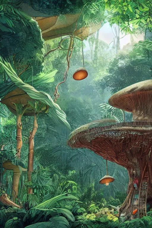 Image similar to a tree house in the jungle, big mushroom, sunshine, by alba ballesta gonzalez and moebius. 4 k wallpaper, digital 2 d, comic, illustration, extremely detailed, cinematic lighting, smooth sharp focus.