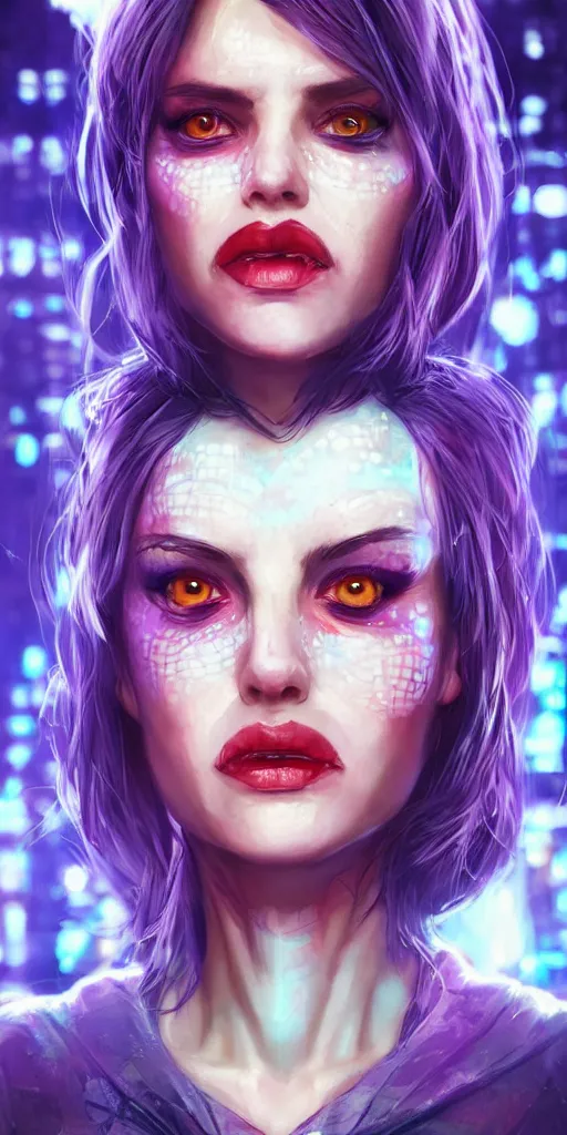 Image similar to A beautiful and detailed portrait of a middle-aged beautiful girl that has bright implants on her face and an angry-desperate look on her eyes. Red eyes trail, bokeh cyberpunk city background, artstation, violet-blue palette, vignette, by artgerm,