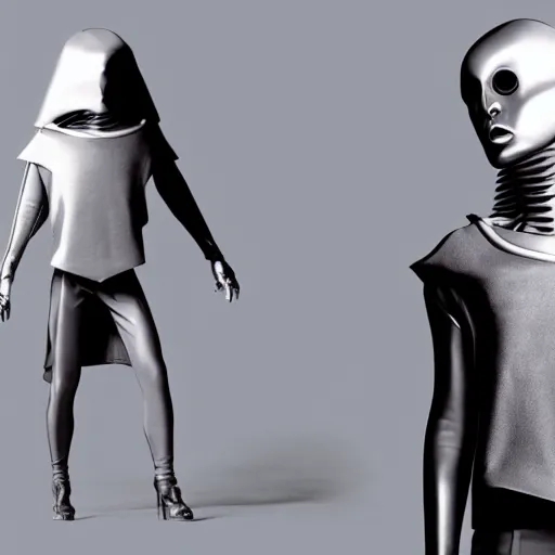 Image similar to realistic photo, alien top model wearing futuristic high fashion clothes, rick owens, demobaza, in a blend grey background