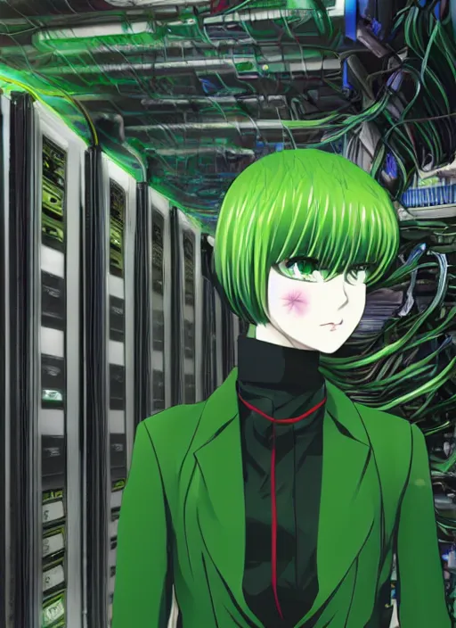 Image similar to shiki eiki, bobbed and bowl cut hair, green hair color, standing in a server room, wearing business casual dress, 4 k, vaporwave, cinecolor, bladerunner style